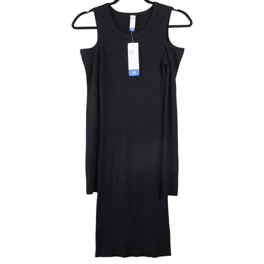 C&A Body Con Dress Womens Size Small Black Ribbed Cold Shoulder Long Sleeve NWT
